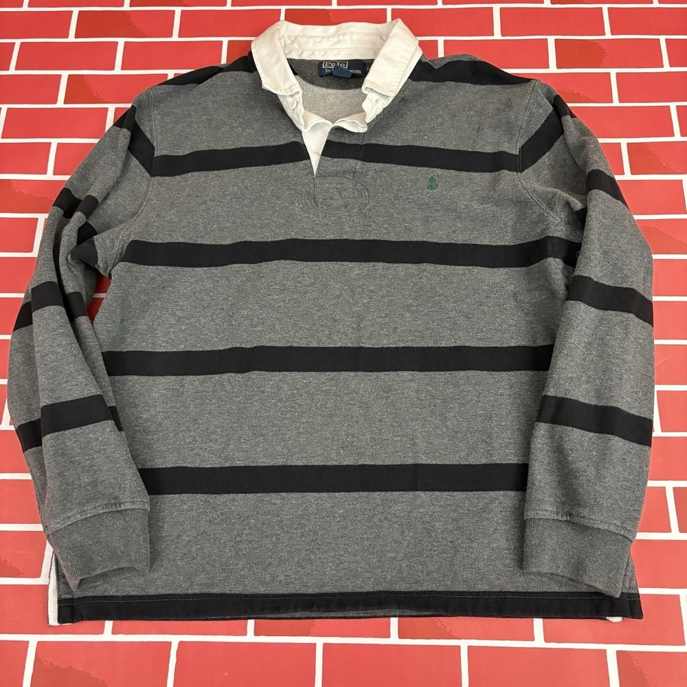 Polo Ralph Lauren Rugby Shirt Mens L Gray Black Striped Knit Long Sleeve